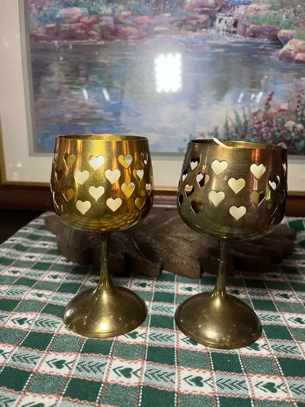 Vintage Hosley Brass Heart Cutout Goblet Votive Candle Holders, Set of 2